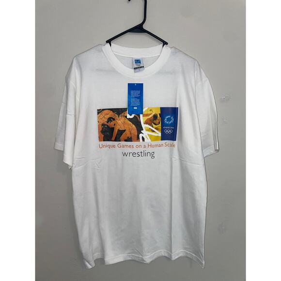 Vintage Olympics Shirt Games Human Scale Wrestling Art Tee 2004 Athens Large - Picture 1 of 11
